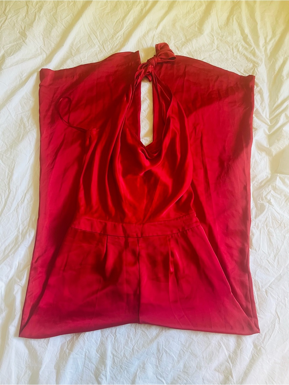 Ramy Brook Red Strapless Satin Jumpsuit with Keyhole Tie